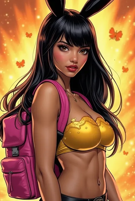  22-year-old woman , straight black hair wearing a golden breast with plenty of shine ,  tanned skin , With a pink Rabbit backpack wearing a Phoenix force with cute black ears .  Do this on a Marvel comic panel 