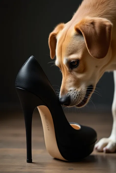 It generates the image of a dog smelling the inside of a shoe from the part where the toes are located. The shoe is black , With a very high heel and the dog has an expression of enchanted by the smell