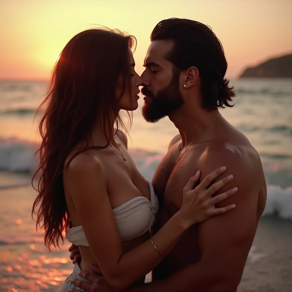  a beautiful woman with long hair and two handsome men with beards ,  the three of them the woman and the two men look at each other with great lust, her sensually shaped body , on top of a towel on the beach with the waves of the sea with orange and red l...