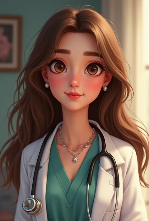 doctor,  long brown straight and wavy hair,  big brown eyes , with stethoscope on the shoulders , Let her be like Disney's animated princess 