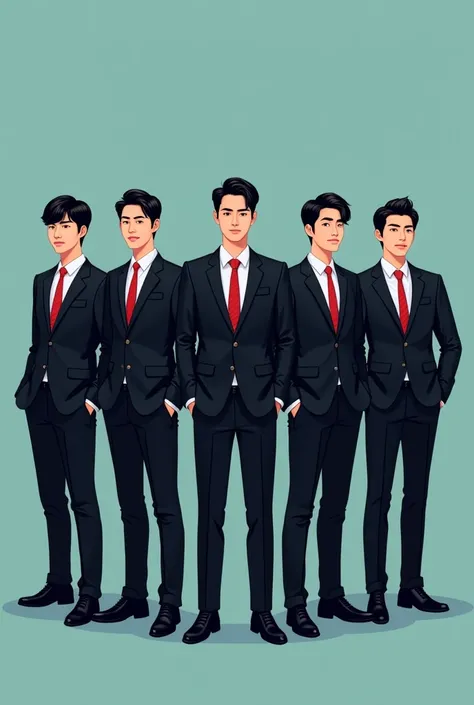 A high-quality digital illustration of five handsome Korean men in their mid-20s, standing side by side and facing the camera with confident and welcoming smiles. They all have neatly styled short hair, with the top being thick and combed to the side, givi...