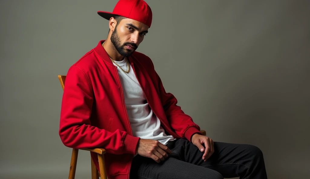 A stylish man is sitting sideways on a wooden chair, with his full body visible, in a room with soft lighting and a neutral background. He wears a vibrant red bomber jacket with subtle fabric details, left open to reveal a simple white T-shirt underneath. ...