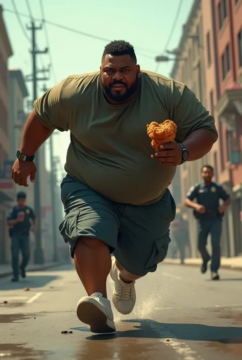 A black fat man running from police and hold Fried chicken 