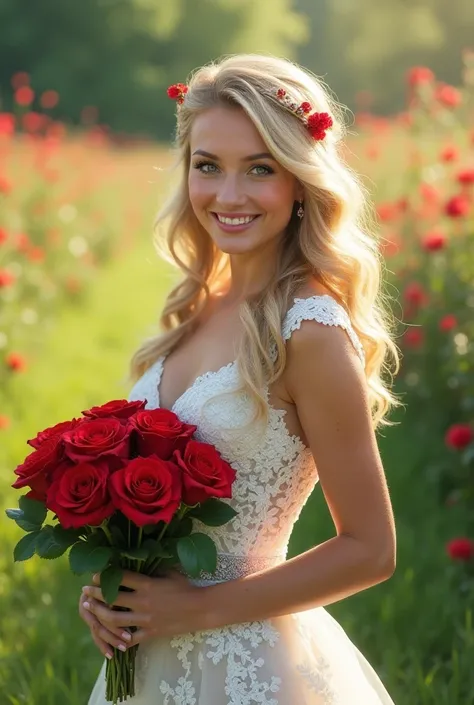  Photorealism

Adult blonde woman with green eyes lace wedding dress combflores, holding a bouquet of red roses. Long wavy hair smiling in a green field  