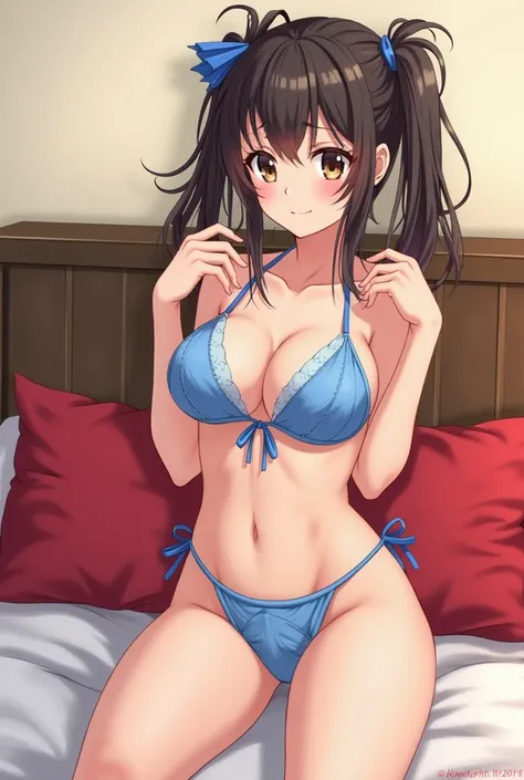 anime girl in blue lingerie sitting on bed with red pillows, an anime drawing by Kentaro Miura, pixiv, shin hanga, seductive anime girl, oppai, realistic bikini, thicc, she's on my bed in bikini, teasing smile, marin kitagawa fanart, oppai proportions, sex...