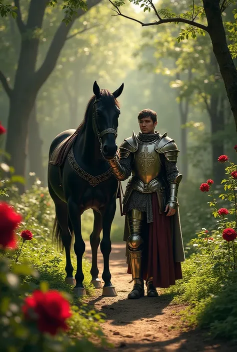  Knight in armor with a cross and in the center a rose ,  next to the black horse walking on a forest trail , helping a needy person .