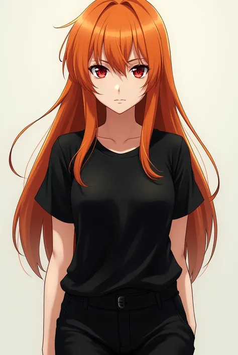 Long orange hair, red pupils,  black t-shirt, Black pants and posing with a serious face in anime style