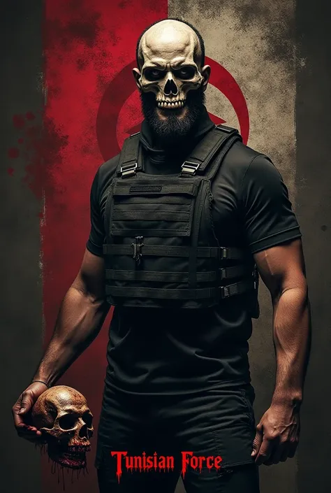 A man with a skull full mask wearing a black solid tactical vest, punisher logo mixed with a real tunisia flag, carrying a crushed bloody skull in his hand, dark grunge wallpaper, text of " Tunisian Force" under the punisher logo with a modern fancy font