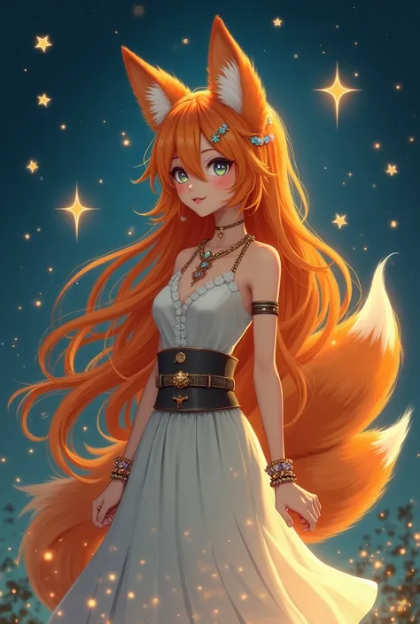 Under a twinkling night sky full of bright stars, a magical fox girl stands tall, her presence mesmerizing and mysterious. Long wavy hair of a bright orange hue gracefully flows around her, reflecting golden highlights in the moonlight. Her playful disposi...