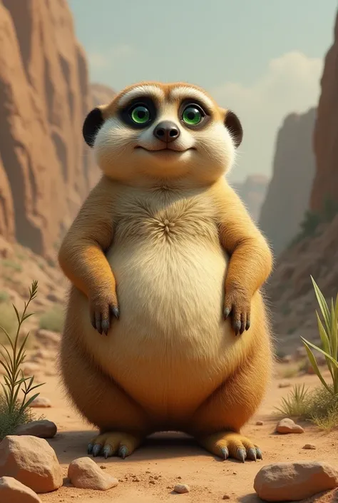 obese female meerkat with green eyes