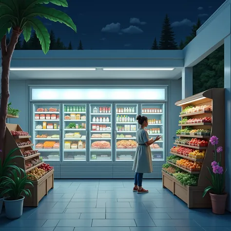 Night, midnight, design interior, mini mart, mini market, machine cashier, aesthetic, white and clean, glass, showcase milk, refrigerator of meat, bench of vegetables, gondola rack of snacks, fake flowers, POV inside room