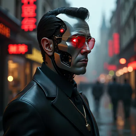 agent 007, 40-year-old cyborg, a dark cyberpunk world, mechanical face, masculine features, British human like, right eye red magma vivid, half of the face is mechanical, leather suit, Rolex watch, black hair, black fancy tie full Windsor, situated in old ...