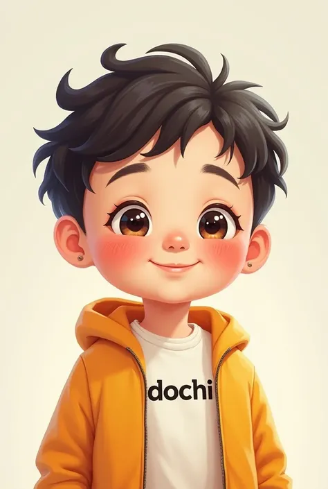 Make a cute boy with a bright look and write DOCHI on his clothes