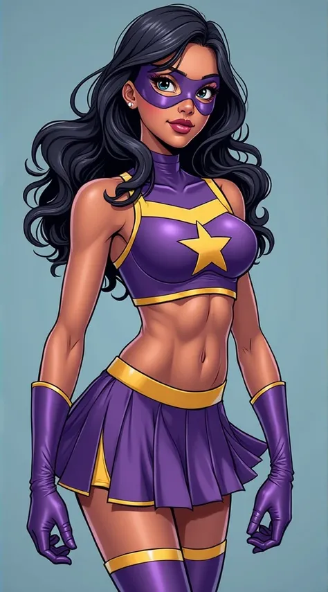  Puerto rican girl age 13 as superhero wearing Purple and yellow, cheerleader uniform,skirt,gloves,leggings,boots, Star emblem on the chest and masquerade mask,, she got big breasts and big ass,  she's exposing her breasts and her nipples. In the styles of...