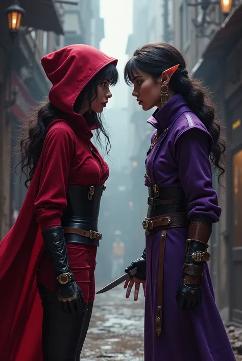 A young half-elf and a female thief dressed in red and purple head to head arguing 