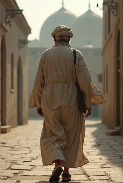 A man wearing old Islamic clothes photo from back and he is going somewhere 