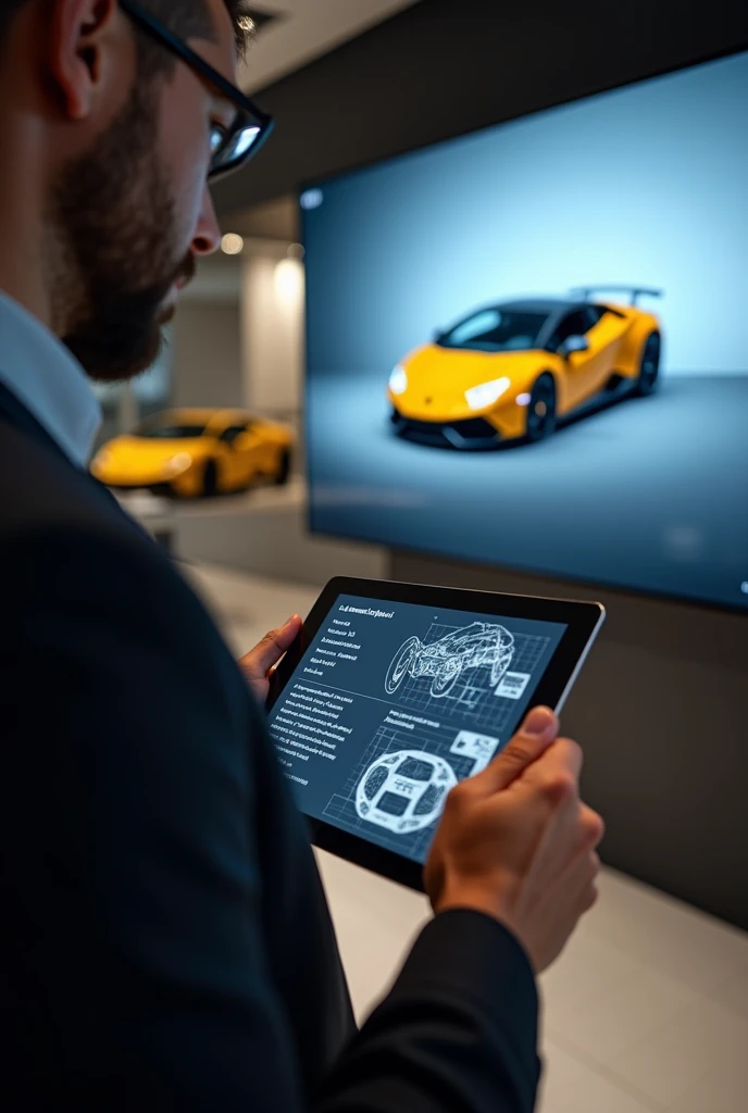 Lamborghini car dealer, looking at his tablet , In it you can see technical specifications of the Lamorghini, There is a digital graphic of the car and its parts or parts , then with his index finger he swipes and shares the information and directs it to a...