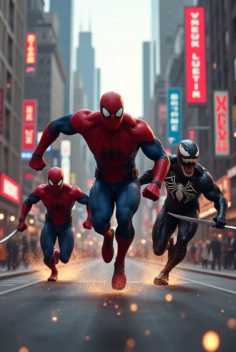 Spiderman venom Nd deadpool running on a street
