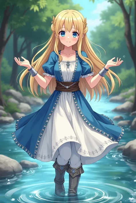 (anime) A teenage girl ,  with long blond hair , with two small fringe locks tied back,  blue eyes, wearing medieval clothes,  a white dress, with another blue dress on top, with the front part white,  white pants, gray boots with leather details and silve...