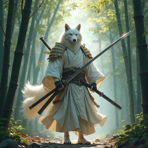 Generate a white samurai wolf ,  without armor only elegant cloth clothes and barefoot ,  while wielding a katana and the sheath of the katana is white with light gold details,  the wolf is as if in a kind of bamboo forest with temples 