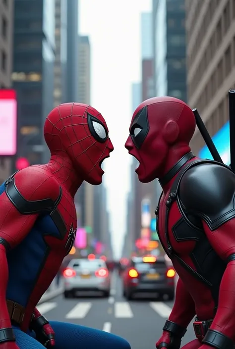 Spiderman and deadpool shocking expression stsnding in a street
