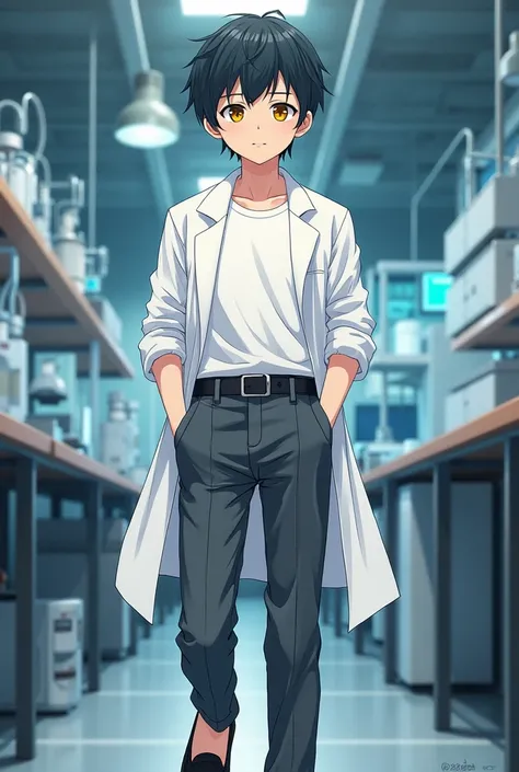 19 yo boy, average height, light skin, short straight hair, black hair, yellow eyes, black espadrilles, dark grey pants, black belt, white shirt, white lab coat. Anime style