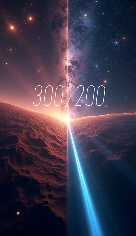 An abstract split-screen showing a digital clock ticking one second beside a dazzling cosmic background with a bold label '300,000 km' to visualize the distance light covers in one second.