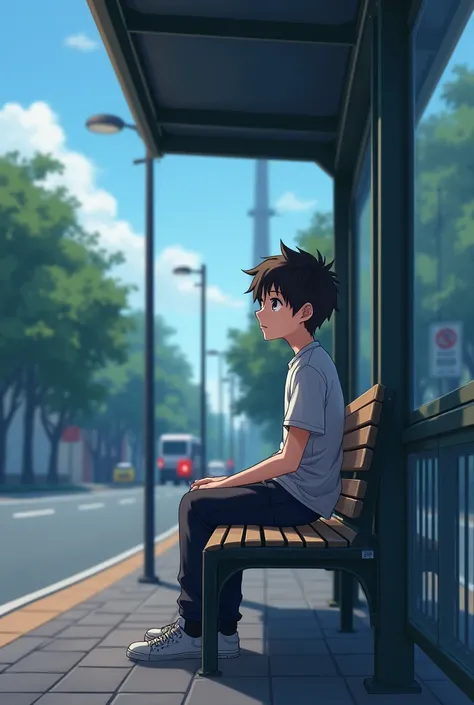 An anime boy at bus Stop wating for her gf