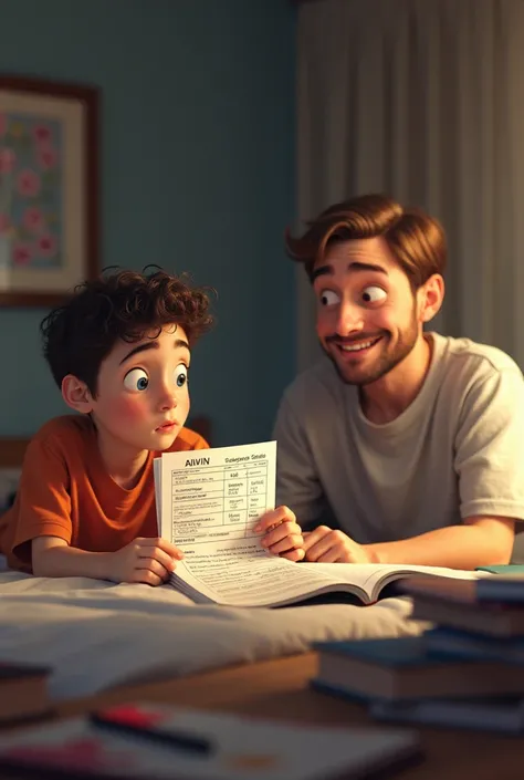 A 14-year-old boy, Alvin, lying on his bed looking frustrated, holding a report card with poor grades. His dad sits beside him, smiling and offering advice. The room has schoolbooks scattered around, and Alvin looks overwhelmed.