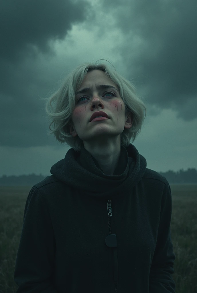  An image of a depressing scenario of a young woman with short white hair,  Crying and with tears, Under clouds in tears , Alone in isolation,  friends turned their backs .