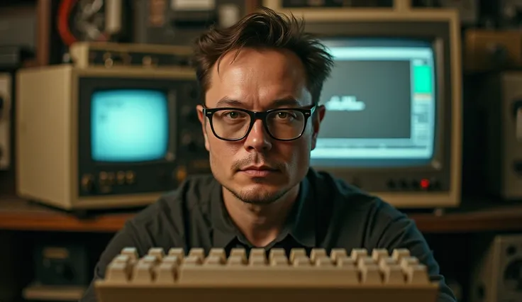 Photo of a young Elon Musk wearing glasses and an old retro computer environment.