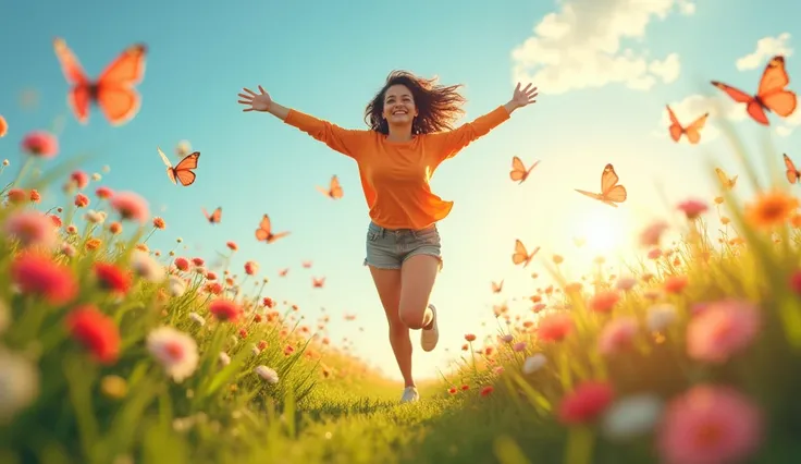 "a person running in an open field, With outstretched arms and a radiant smile. around, There are colorful butterflies and blooming flowers,  symbolizing joy and vitality ."