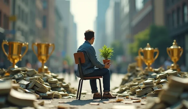 "A person sitting in a simple chair ,  surrounded by piles of money and blurry trophies .  at the city centre, the person holds a small pot with a growing plant,  symbolizing something truly valuable ."