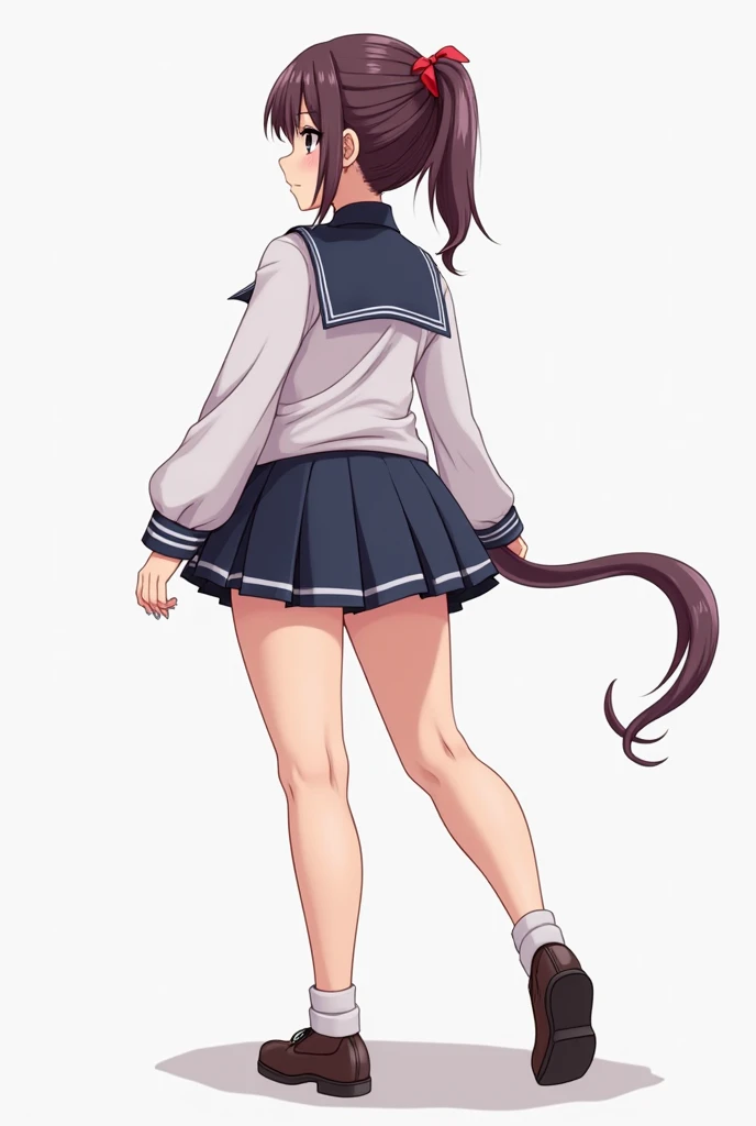  full-length anime girl in school uniform,  with extremely wide hips, busty,  incredibly huge thighs , small fat full belly, tight calves , Large back,  full-length tail,closed giant belly ,  from different angles 