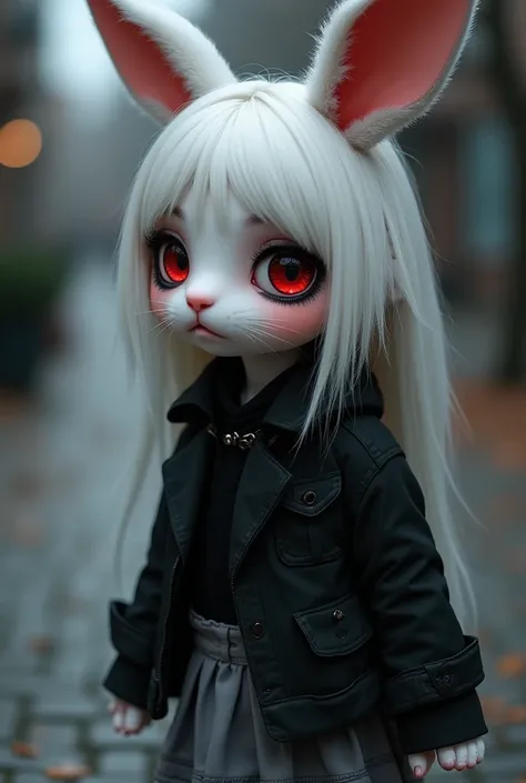 rebel ,   depressive and melancholic  .   She's a humanoid rabbit  .  There are white hairs  ,   dark red eyes and ears  ,   snout and rabbit paws  .   She wears a stylish black jacket and a small gray skirt. She wears black makeup  . cute girl. Bad look i...