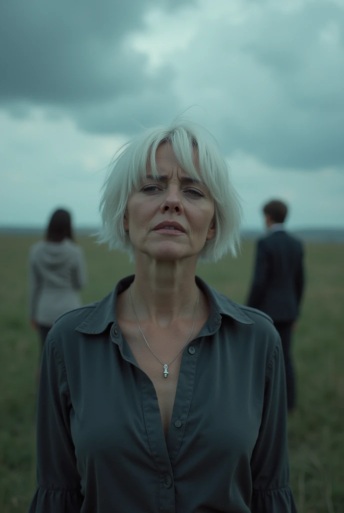  An image of a slightly depressing scenario of a lady with short white hair,  Crying and with tears, Under tear-filled clouds , Alone in isolation,  in the background two friends turning their backs on her 
