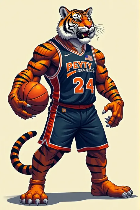 Tiger animal in the form of a basketball player with the inscription on the PEYTY INTERNATIONAL jersey with the US flag 