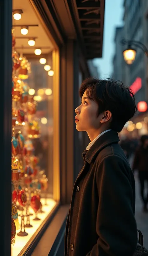 Image of a person looking at something with bright eyes, in a shop window.