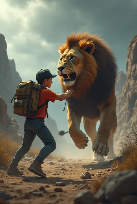 Create an image of a delivery boy who kills a lion
