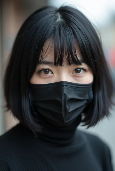 Japanese woman, black bob, brown eyes, fair skin, plump body, wearing face mask that covers her mouth and nose, real photo, far away,