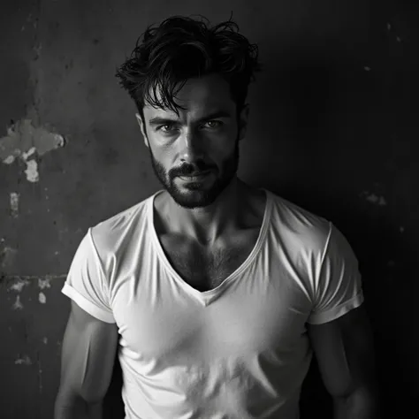 Black-and-white portrait of a man with tousled hair, stubble beard, and sharp features, wearing a wet white t-shirt , peeking nipples, against a textured wall