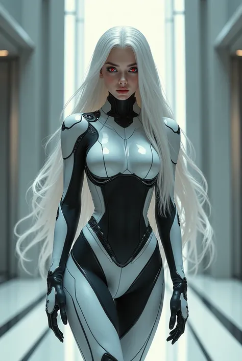 Femme futuriste assistante et garde du corps en combinaison de combat futuriste.  Long white hair and red eyes