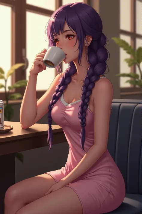 Young woman, Eighteen years old, Long purple braided hair, Wearing a pink dress, full sized breasts, Thin waist, Her butt is average., Sit and sip coffee, realistic
