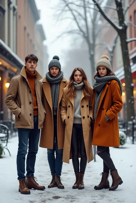 Create a highly realistic image of four people, dressed in stylish winter fashion, including trendy coats, scarves, boots, and accessories. The group should be diverse in appearance, showcasing both men and women. The background features a sophisticated wi...