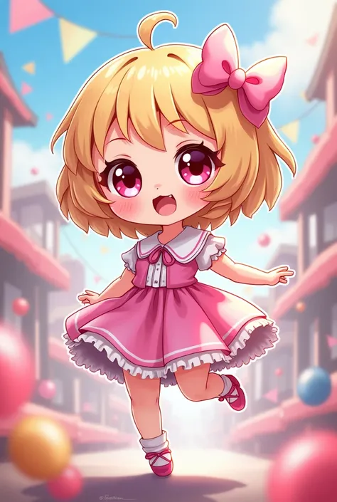 Drawing of a kawaii cartoon girl with short blond hair and pink eyes in a happy dynamic pose