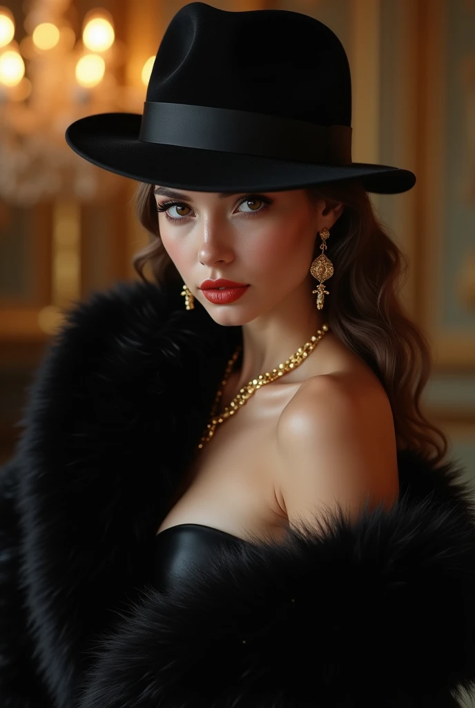  Beautiful girl and olive mobster,  wearing a black fur coat with one of her shoulders showing, wearing a sophisticated feminine black chapel , Gold earring and necklace ,  a sexy and mischievous face in a very luxurious environment posing as a model 