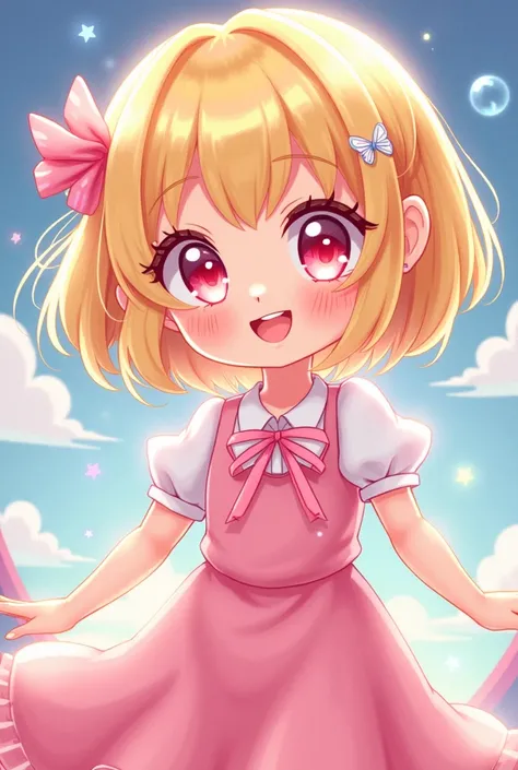 Drawing of a kawaii cartoon girl with short blond hair and pink eyes in a happy dynamic pose