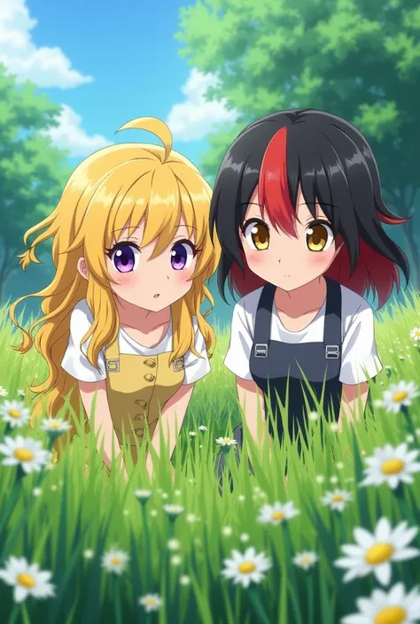 A meadow full of green life and two friends, one with golden hair and the other with black and red hair, in anime type: the eyes of the girls, the golden-haired one with violet color and the one with red and black hair, yellow.