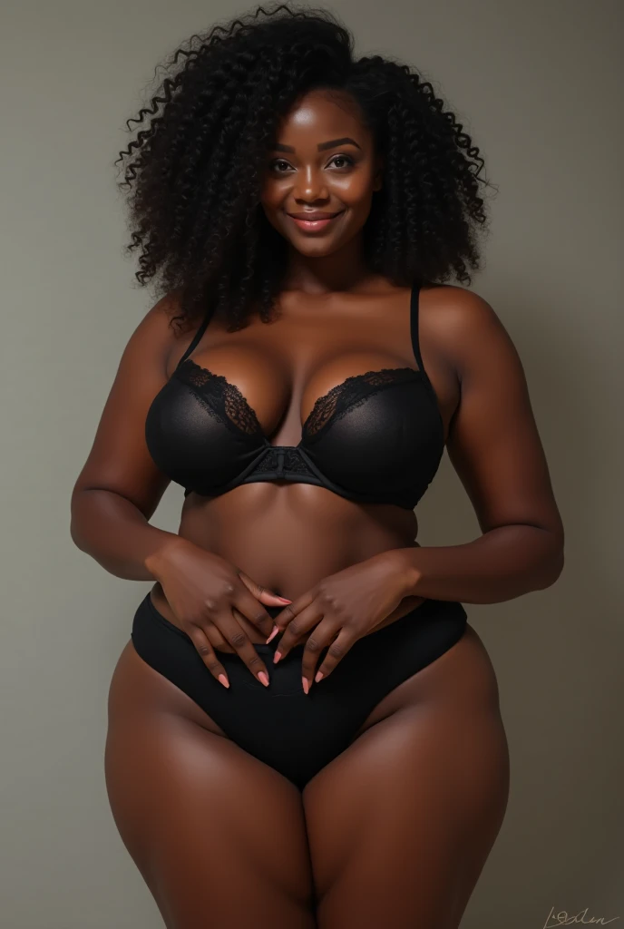 Super sexy thicc busty beautiful black big woman with massive boobs, massive hips, massive curves, massive ass, black bra, black boxers