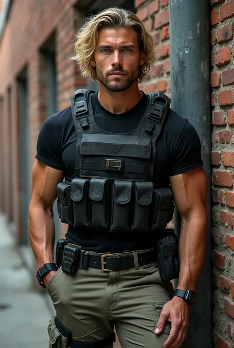 Young sportily trained man , blonde curly half-length significantly curly hair, Some beard ,  striking blue eyes , Cargohose,  black t-shirt, bulletproof vest , Leans on an old brick wall  